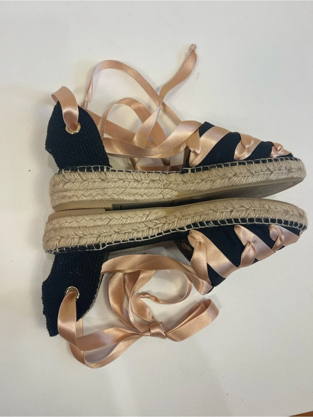 handmade Black Espadrilles 8.5/39 Sandals Lace Up Pink Satin Ribbons Balletcore